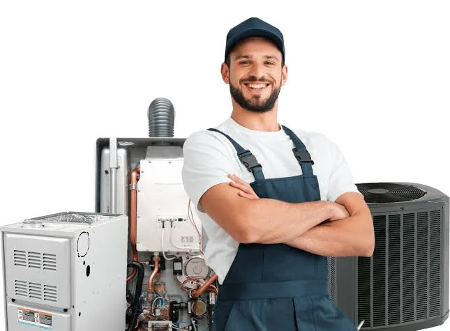 HVAC technician standing with a furnace and outdoor air conditioning system